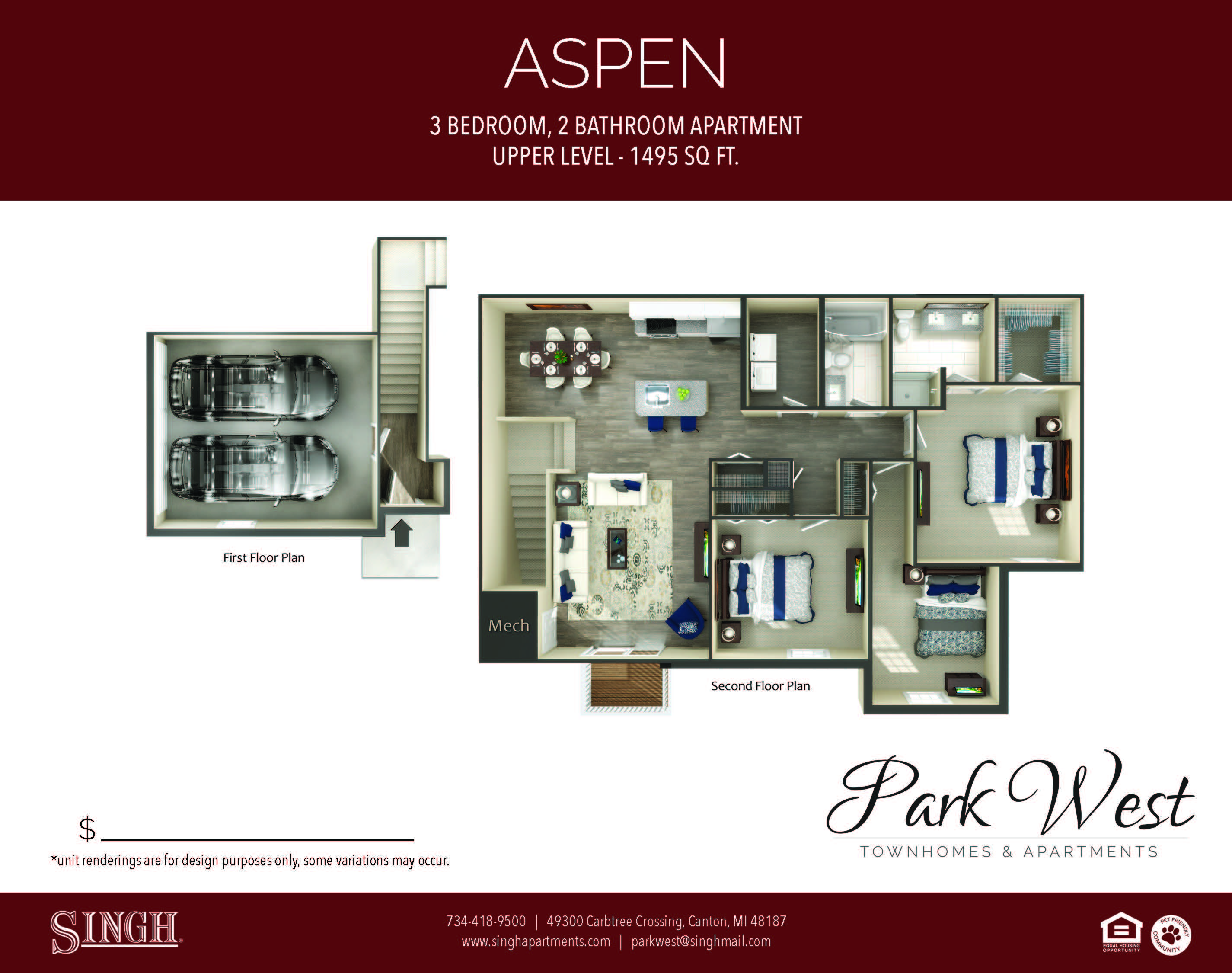 Floor plan for 3 beds, 2 baths, 1495 sqft